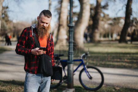 Hipster businessman in a plaid shirt working remotely on his phone with his bike in an urban park setting.