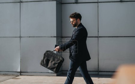A young professional in a suit strides confidently through an urban setting, laptop bag in hand, exuding a sense of purpose and drive.