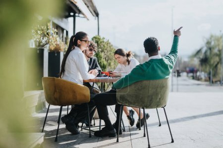 Diverse group of business professionals engaged in a strategic discussion at an outdoor cafe setting, illustrating teamwork and collaboration.
