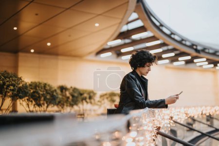 Stilvoller junger Mann mit Smartphone in modernem Outdoor-Einkaufszentrum.