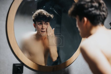 An authentic moment of a young adult male performing daily grooming ritual in front of a round mirror in a modern bathroom.