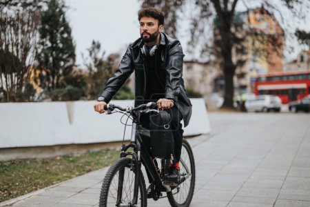 A young male business entrepreneur rides a bike while wearing a smart leather jacket and headphones, illustrating eco-friendly commuting.