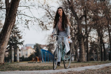 A businesswoman in smart casual attire riding a bicycle through a tree-lined park, embodying an active and eco-friendly lifestyle.