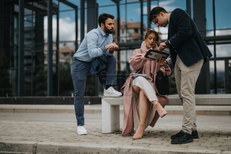 Three professional business colleagues in casual outfits engage in a serious discussion outside modern office buildings, displaying teamwork and collaboration.