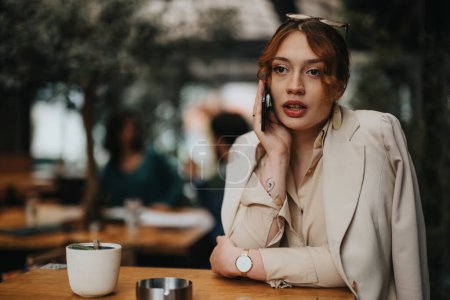 Selbstbewusste Unternehmerin führte während einer Kaffeepause in einem rustikalen Café ein Telefongespräch.