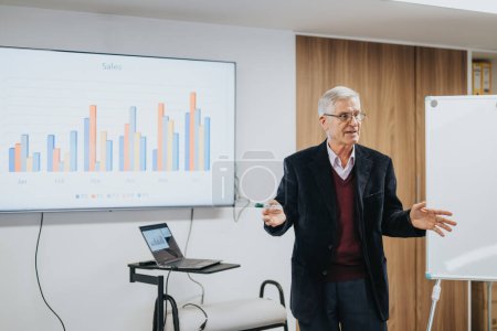 Hombre de negocios senior que presenta crecimiento de ventas en un gráfico de barras durante una reunión corporativa.
