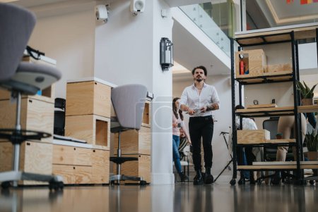 Young professional male in smart casual attire striding confidently in a contemporary workspace, with his team collaborating in the background.