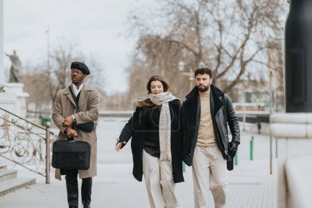 Drei stylische Geschäftsfreunde, die im Winter auf einer Straße in der Stadt spazieren und einen Moment des ungezwungenen urbanen Lebens mit einem Gefühl der Zweisamkeit einfangen.