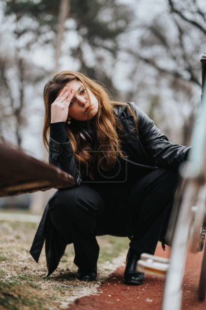Attractive and confident young woman in a leather jacket pausing in contemplation and fatigue, showcasing modern elegance and business fatigue.