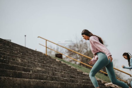 Zwei aktive Frauen in Sportbekleidung laufen Außentreppen hinauf und konzentrieren sich auf Fitness und einen aktiven Lebensstil.