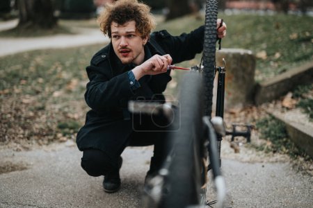 Ein junger männlicher Unternehmer repariert sein Fahrrad in einer ruhigen Parklandschaft und zeigt einen aktiven Lebensstil und Autarkie.