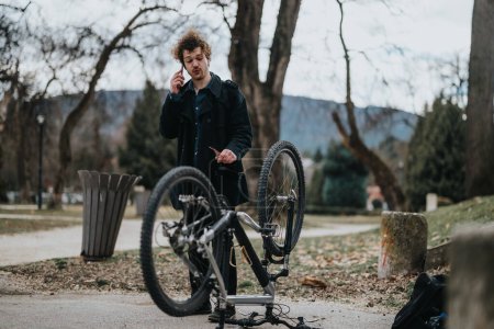 Un jeune homme d'affaires multitâches en réparant son vélo dans un parc et en conversant sur son téléphone intelligent.