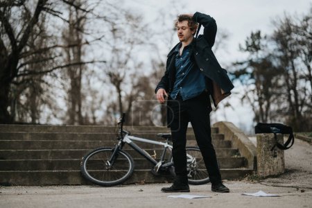 Un jeune associé d'affaires moderne ou un entrepreneur avec un vélo, la gestion des tâches à distance à l'extérieur.