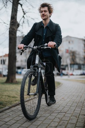 A stylish businessman riding a bicycle outdoors in a city setting, representing sustainable transportation and active lifestyle.