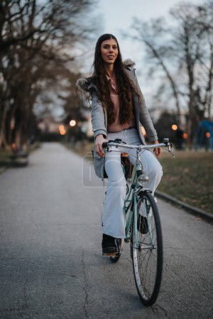 Elegant business lady rides a vintage bicycle on a park pathway, showcasing an active lifestyle and eco-friendly transportation.