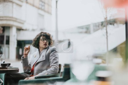 Eine Geschäftsfrau in Besinnlichkeit, während sie allein in einem Café sitzt und einen Moment urbanen Unternehmertums präsentiert.