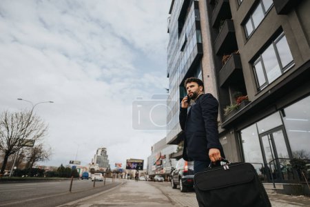 Un professionnel avec une mallette marchant le long d'une rue de la ville, parlant sur son téléphone portable.