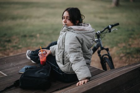 Una joven relajada con una bicicleta se sienta en el parque, sosteniendo un batido en un día tranquilo.