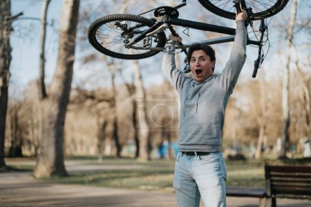 A fitness enthusiast enjoys a day out in the park, carrying his mountain bike overhead with trees in the background.