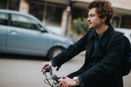 Un hombre de negocios urbano en bicicleta, viajando por la ciudad con estilo y promoviendo un estilo de vida verde.