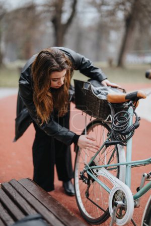 Stylish and confident young woman in elegant attire preparing her bike for a ride in an urban park.