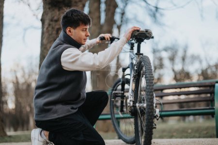 Lässiger männlicher Teenager mit seinem Fahrrad macht eine Pause in einer friedlichen Parklandschaft und genießt die Natur.