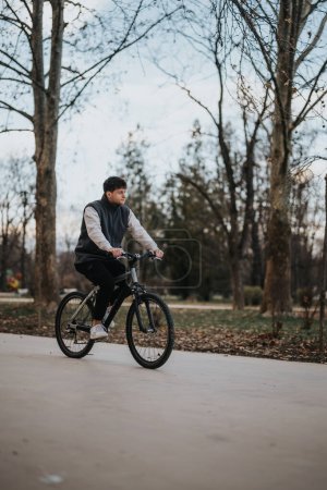 Un jeune adolescent masculin faisant du vélo sur un sentier pavé entouré d'arbres dans un parc paisible.