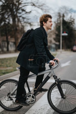 Young male entrepreneur with backpack riding a bike outdoors on an urban street, showcasing eco-friendly transportation.