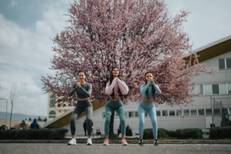 Three women in athletic wear engage in a fitness session outdoors, with a blooming tree in the background, symbolizing health and vitality.