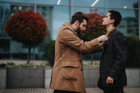A moment of conflict between two businessmen outside an office, illustrating workplace tension.