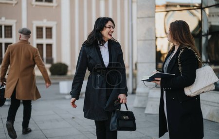 Two smiling professional women engaging in a cheerful conversation on a city street, with one holding a notebook and the other carrying handbags.