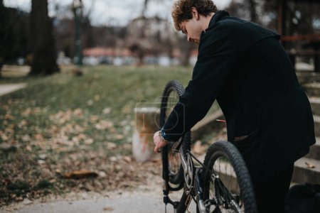 Un jeune entrepreneur masculin en tenue d'affaires répare son vélo à l'extérieur, mélangeant la vie en ville avec des déplacements sains.
