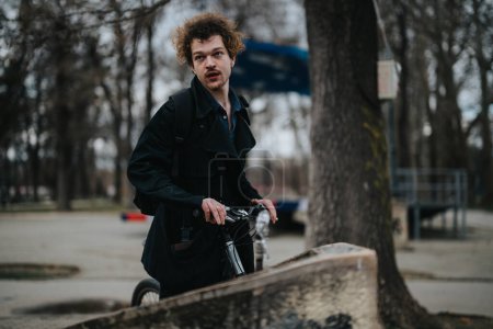 Lässiges Porträt eines lockigen jungen Mannes im Freien, der ein cooles, urbanes Ambiente verströmt, während er sich in einem Stadtpark auf seinen Roller stützt.