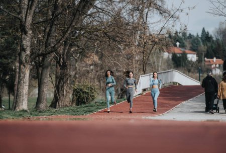 Eine Gruppe von drei Freunden genießt eine Fitness-Routine, indem sie gemeinsam mit anderen Menschen in einem landschaftlich schönen Park joggen.