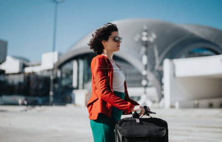 Professionelle Geschäftsfrau in stylischem Outfit mit Koffer auf dem Weg zu ihrem nächsten Meeting unter strahlend blauem Himmel