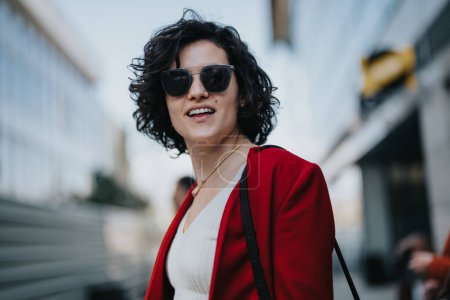 Eine professionelle Geschäftsfrau mit fröhlichem Gesichtsausdruck, Sonnenbrille und rotem Blazer in urbaner Umgebung, die selbstbewusstes Unternehmertum symbolisiert.