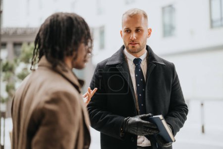 Une image ciblée capturant une discussion d'affaires entre deux hommes vêtus de manteaux d'hiver à l'extérieur.