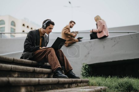 Young business professionals engaged in remote work on their laptops while sitting on steps outside, embodying flexibility in modern work environments.
