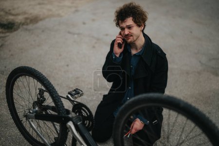Un joven hombre de negocios o empresario es visto reparando su bicicleta en el parque, mostrando ingenio y autosuficiencia.