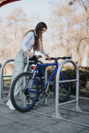 A woman in casual clothing and headphones is locking her blue mountain bike to a bike rack in an urban setting.