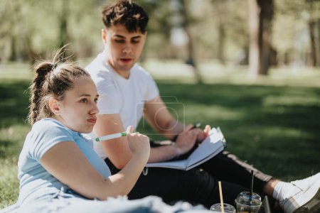 Two high school students engaging in group study and homework in an urban park, showcasing teamwork and education.