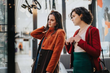 Dos mujeres profesionales participan en una reunión informal de negocios al aire libre, de pie cerca de una tienda.