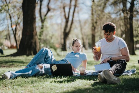 Two young students focused on their studies in a sunny park, surrounded by nature, with laptops and refreshments.