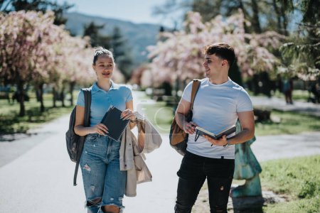 Zwei junge Erwachsene mit Büchern und Rucksäcken reden und lächeln in einem sonnenbeschienenen Park, der für Freundschaft und Studium steht.
