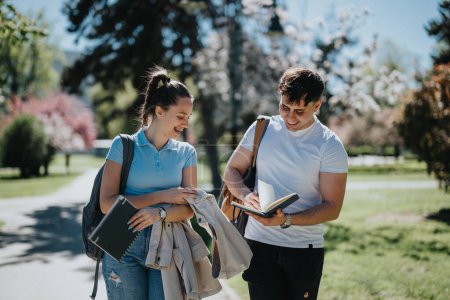 Ein Paar junger Studenten mit Büchern und Rucksäcken, die an einem sonnigen Tag in einem Stadtpark studieren.