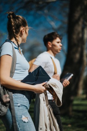 Two college students carrying books prepare for an after-class study session in a sunny outdoor park setting.