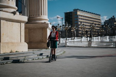 A business professional commuting to a meeting on an electric scooter in an urban city environment during daytime.