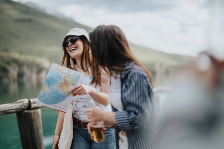 Zwei glückliche Touristinnen genießen eine Urlaubsreise und teilen ein Lachen mit einer Karte am Wasser.