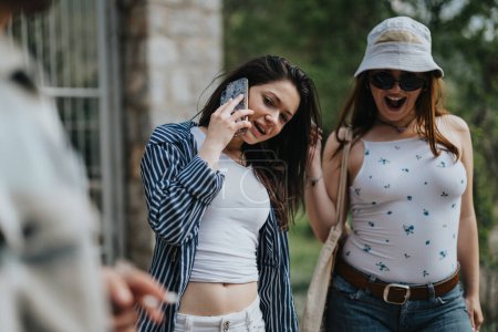 Une scène joyeuse de deux jeunes femmes qui s'amusent à l'extérieur, l'une prenant des photos avec son téléphone intelligent, capturant le rire et la joie de l'amitié.