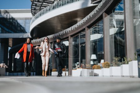 Drei multiethnische Menschen in stilvoller Kleidung liefern sich eine lebhafte Diskussion, während sie an einem sonnigen Tag vor einem modernen Bürogebäude spazieren gehen.